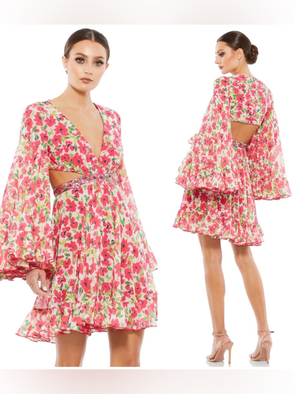 Mac Duggal Lena Floral Cutout V-Neck Bell Sleeve Beaded Mini Dress #9158 NWT$498